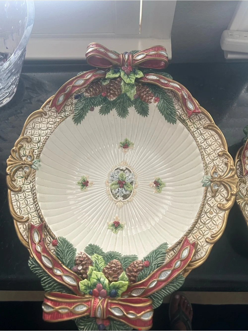 Holiday Decorative Serving Platters with Red Ribbon and Pinecone Accents